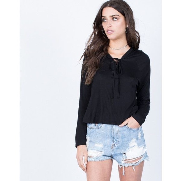 Thin Black V Neck Hoodie with Lacing - Picture 1 of 5